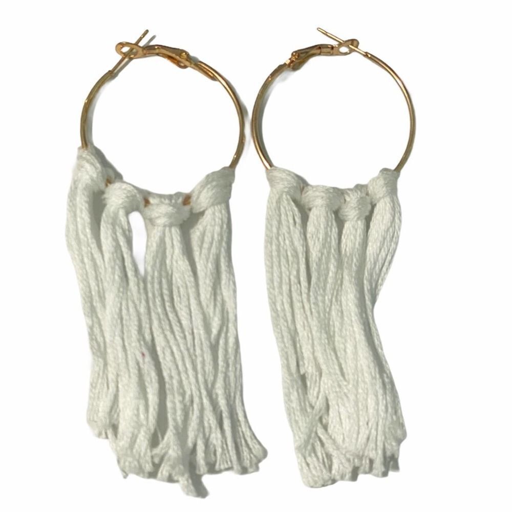 Boho Fringe Tassel Statement Earrings Hoop Tassels White Gold Tone Slip On Small